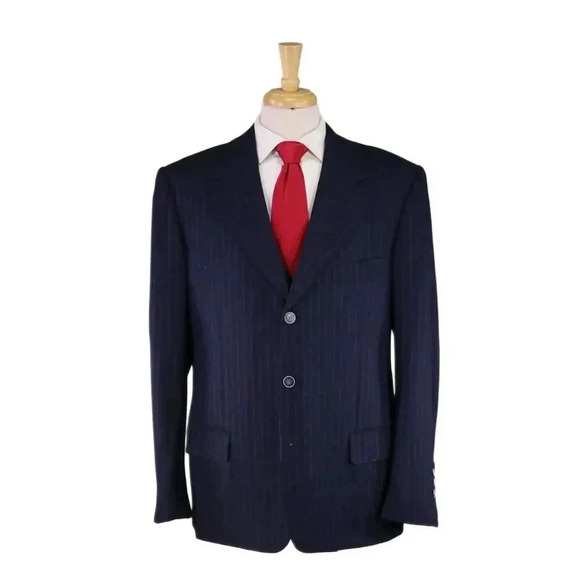 Bijan by Saint Andrews Navy Blue Chalkstripe Flannel Wool 3-Piece Suit 44R 44L - Picture 1 of 12